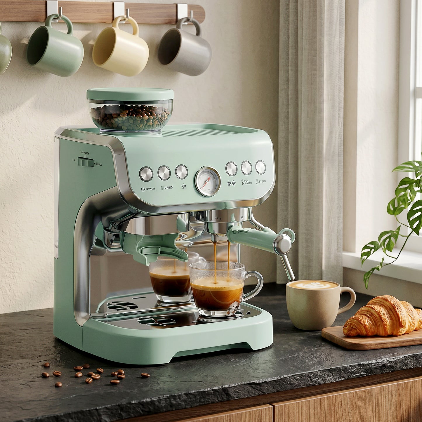15 Bar Coffee Machine, with Adjustable Grind, Steamer and Accessories - Light Green