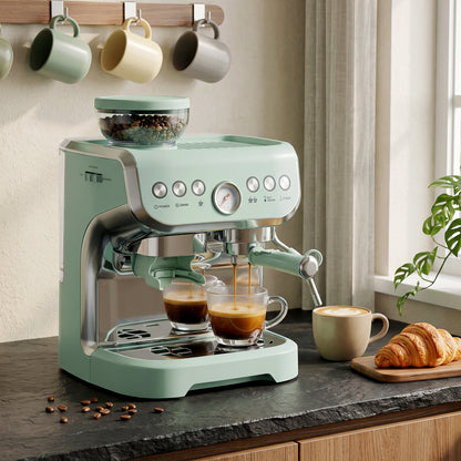 15 Bar Coffee Machine, with Adjustable Grind, Steamer and Accessories - Light Green