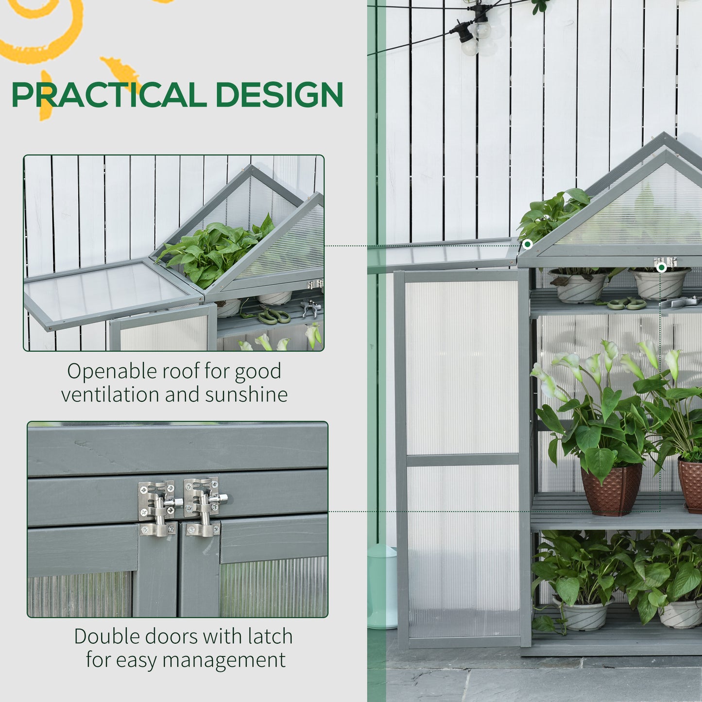 Garden Cold Frame Polycarbonate Greenhouse with Adjustable Shelves, Double Doors, Openable Top Covers