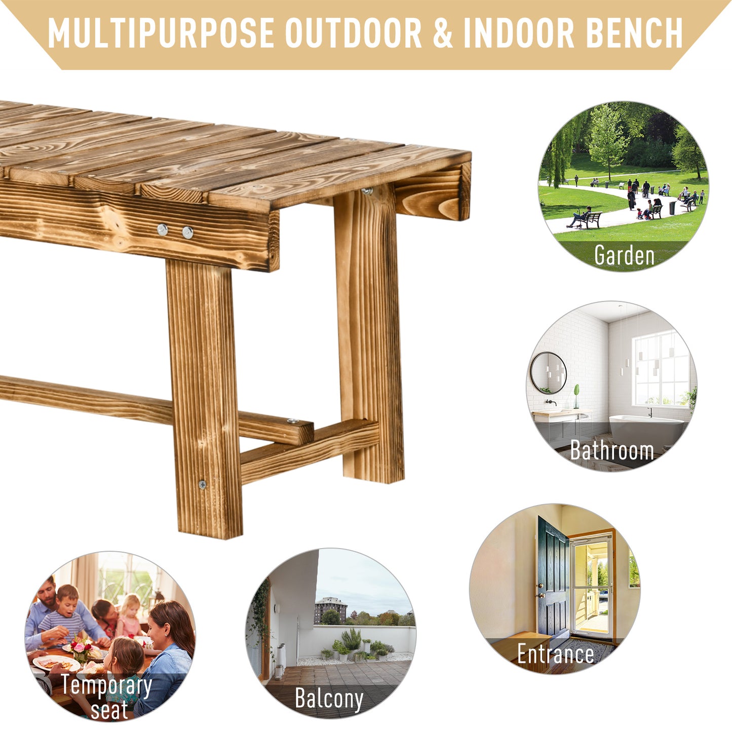 1 Piece 2-seater Outdoor Indoor Wooden Garden Bench Fir Patio Loveseat, 110L x 38W x 35Hcm, Carbonised