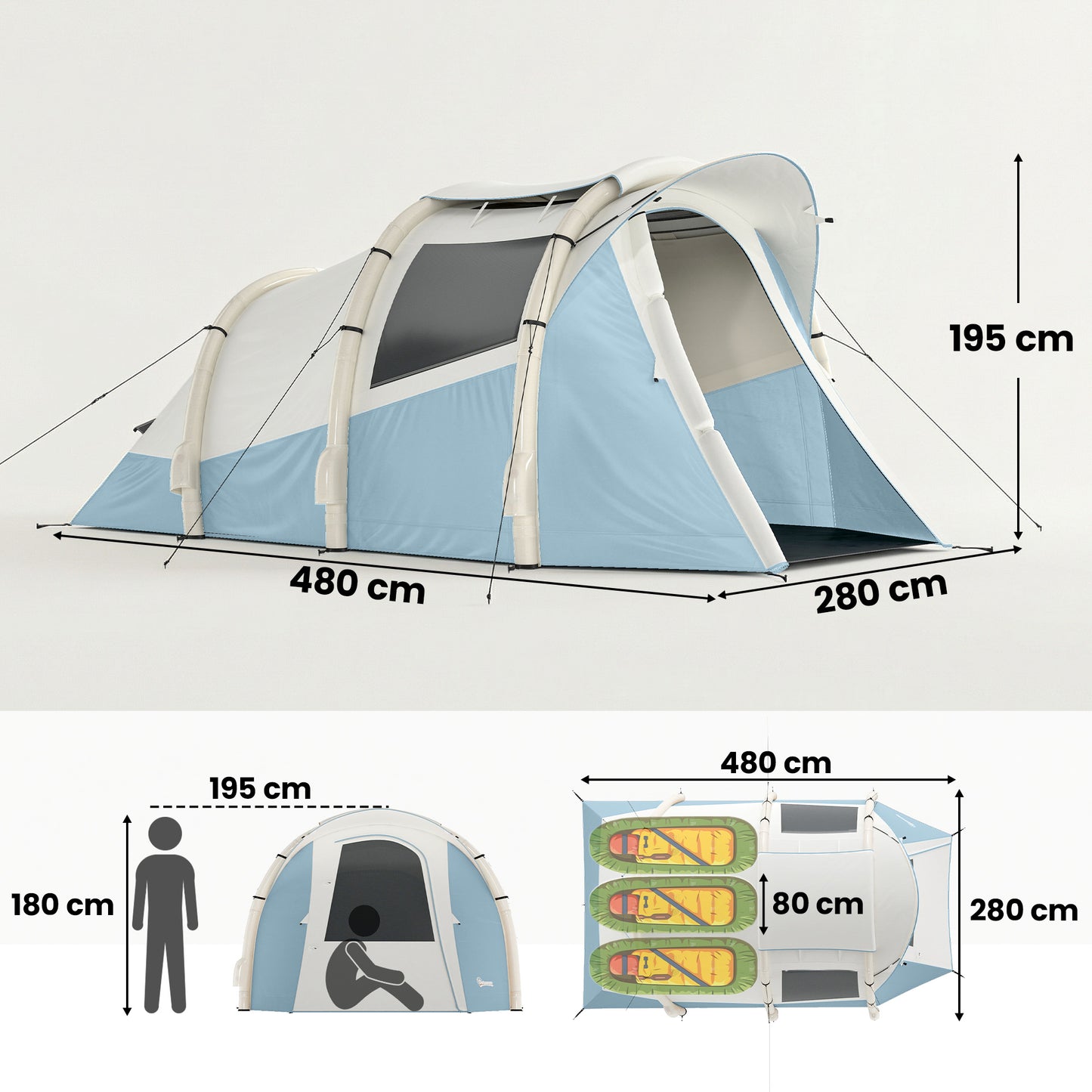 Inflatable Camping Tent w/ Air Pump, Easy Setup 2-3 Person Blow Up Tent, Light Blue