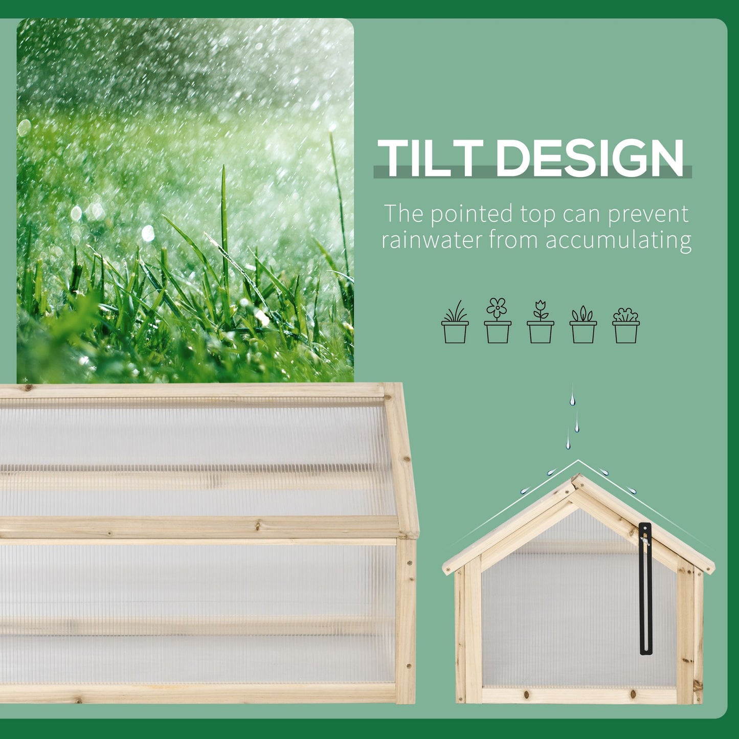 Wooden Cold Frame Garden Polycarbonate Greenhouse with Openable Top Cover, Grow House for Flowers, Vegetables, Plants