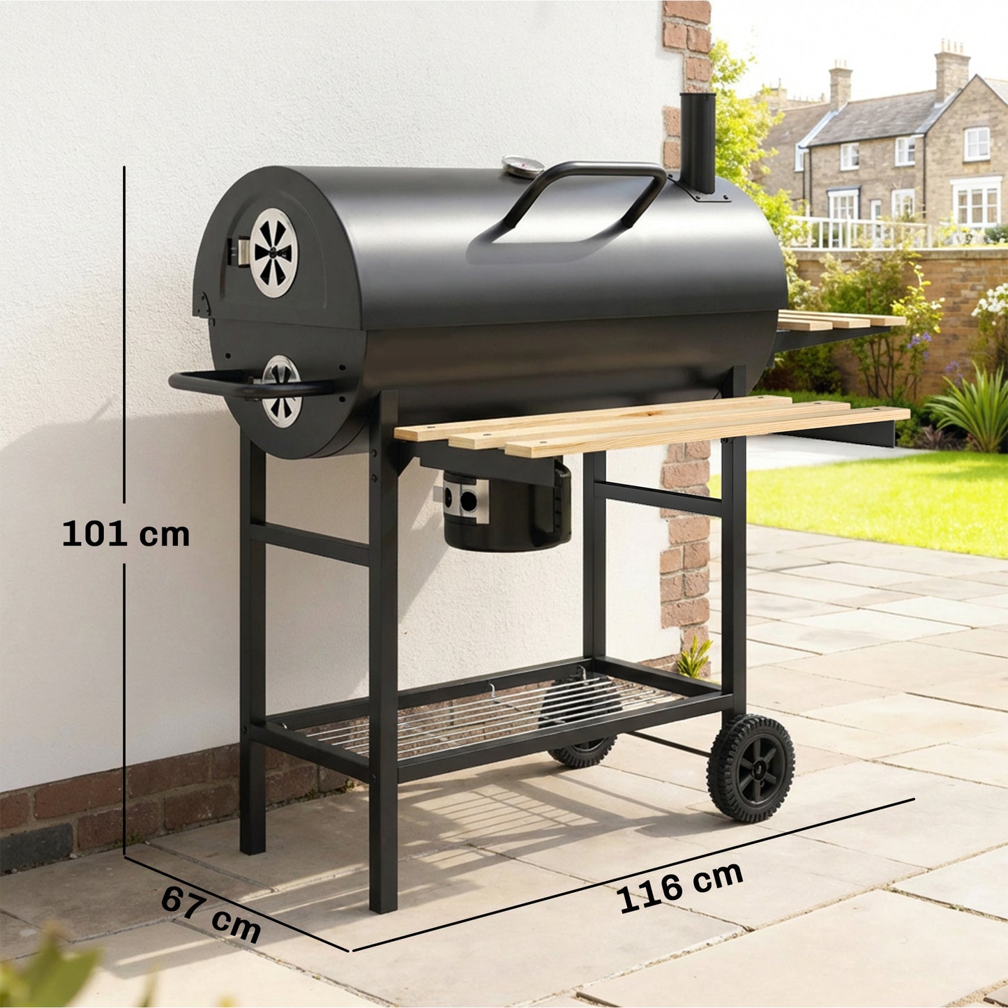 Charcoal Grill, Barrel BBQ Smoker with Warming Rack, Charcoal BBQ Grill with Foldable Shelves, Natural Wood and Black