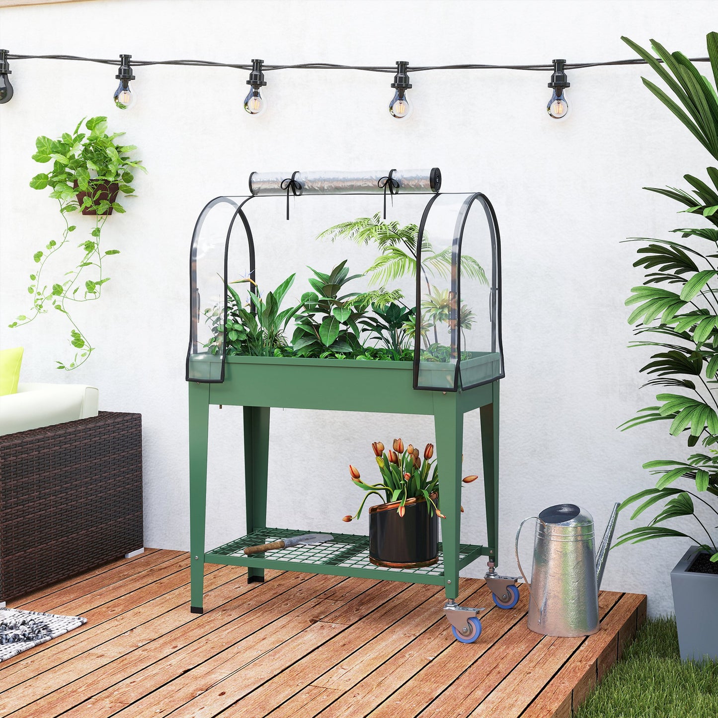 Raised Planter with Greenhouse Cover, Mobile Elevated Garden Bed with Wheels and Bottom Shelf for Vegetables, Green