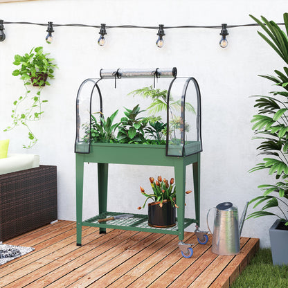 Raised Planter with Greenhouse Cover, Mobile Elevated Garden Bed with Wheels and Bottom Shelf for Vegetables, Green