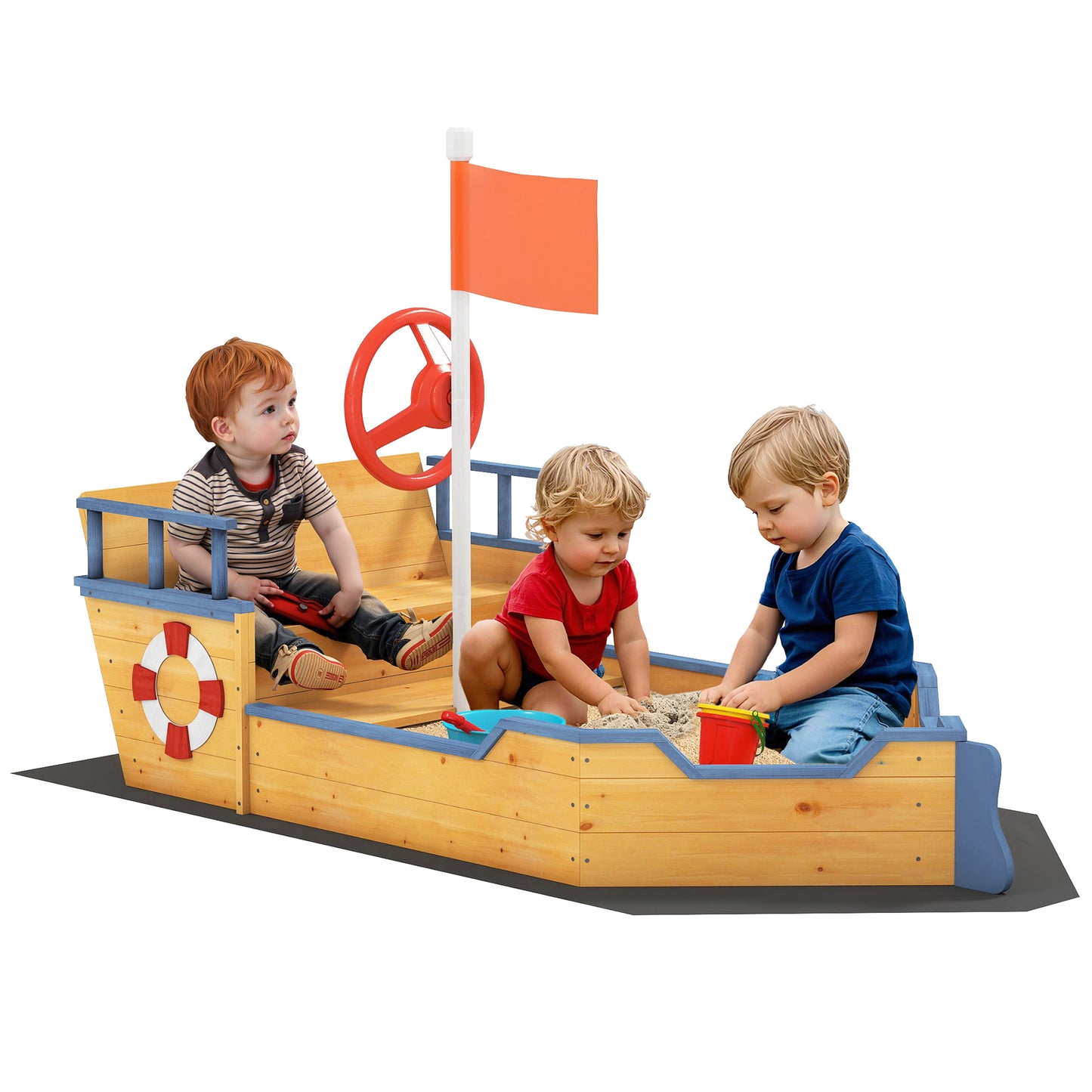 Kids Sand Pit, Children Pirate Ship Sandbox with Bench, Bottom Liner, Seat, Natural Wood Tone