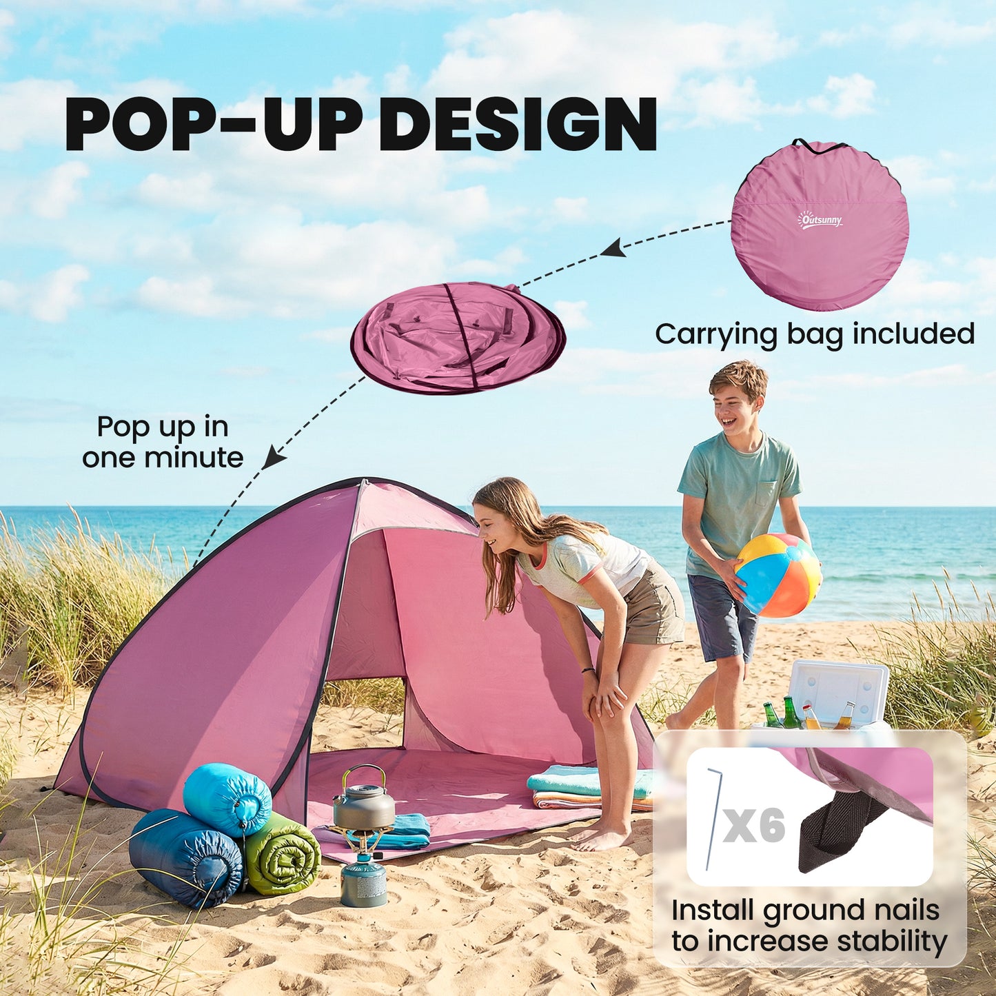 Pop up Beach Tent, UV 50+ Sun Shelter with Carry Bag, 2x1.5m for 2-3 Person, Pink