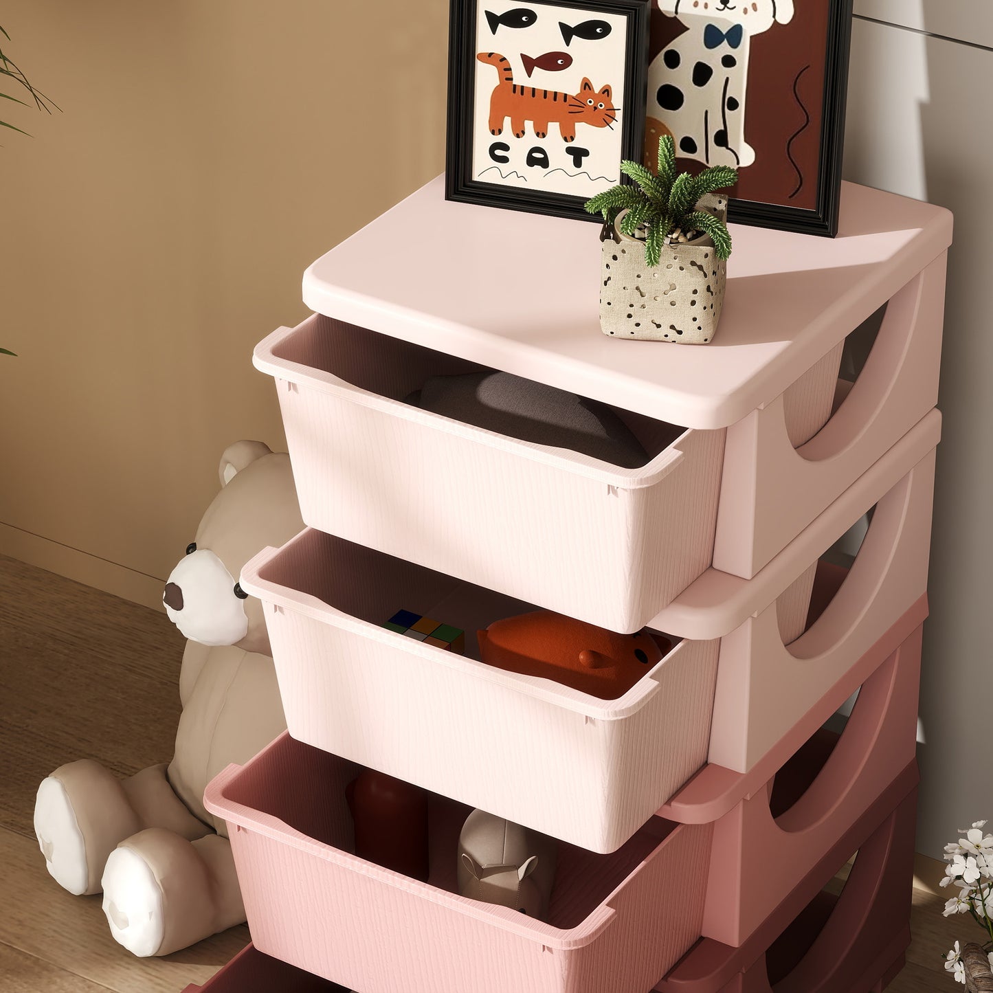 Four-Tier Kids Storage Boxes, with Four Drawers, Pink
