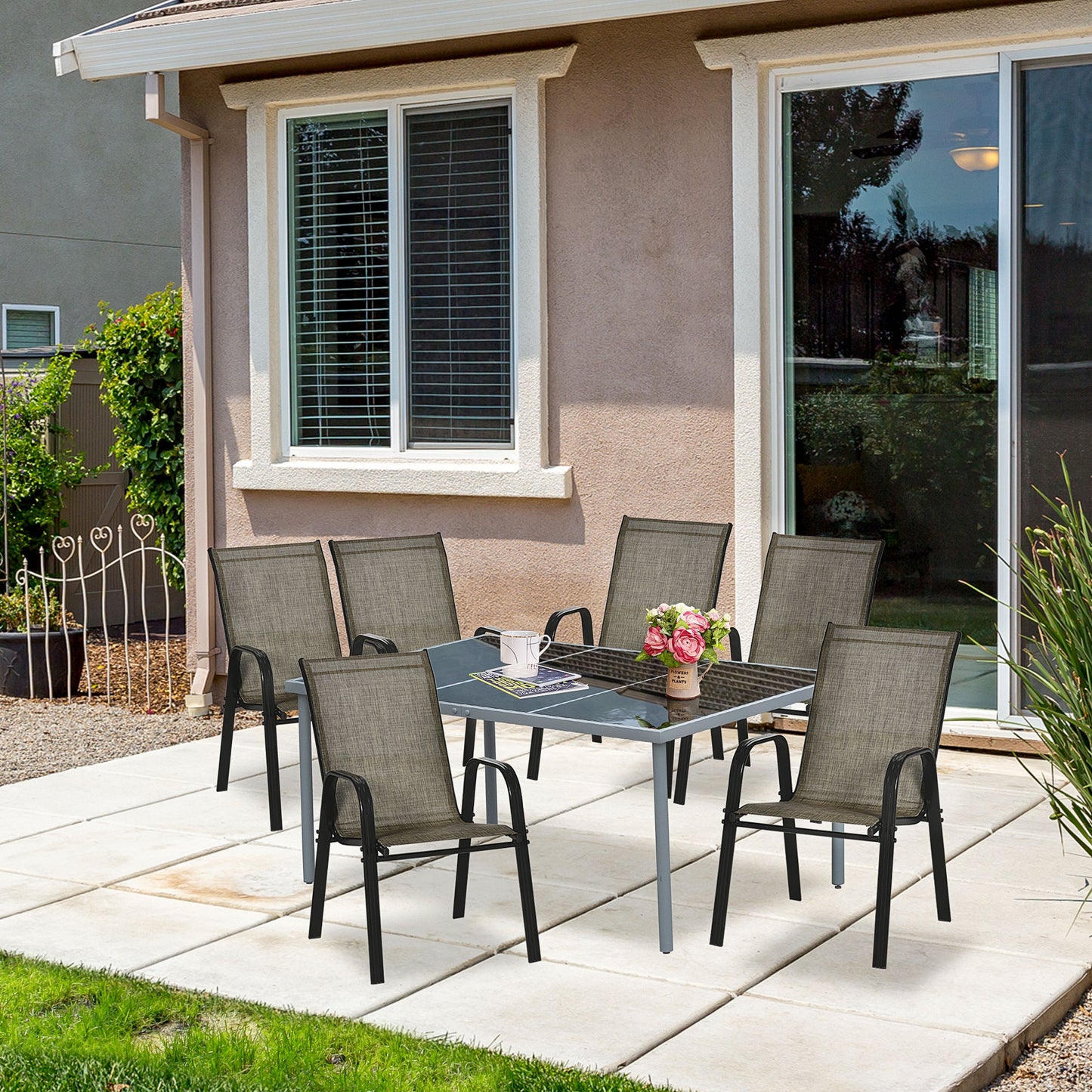 Set of Four Stackable Mesh Seat Chairs - Mixed Brown