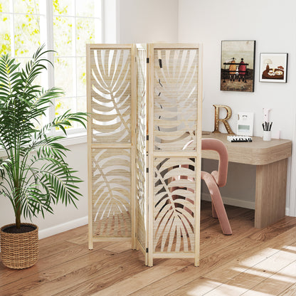 3 Panel Room Divider, Detachable Folding Privacy Screens with Palm Leaf Design for Home Office, Natural Wood Finish