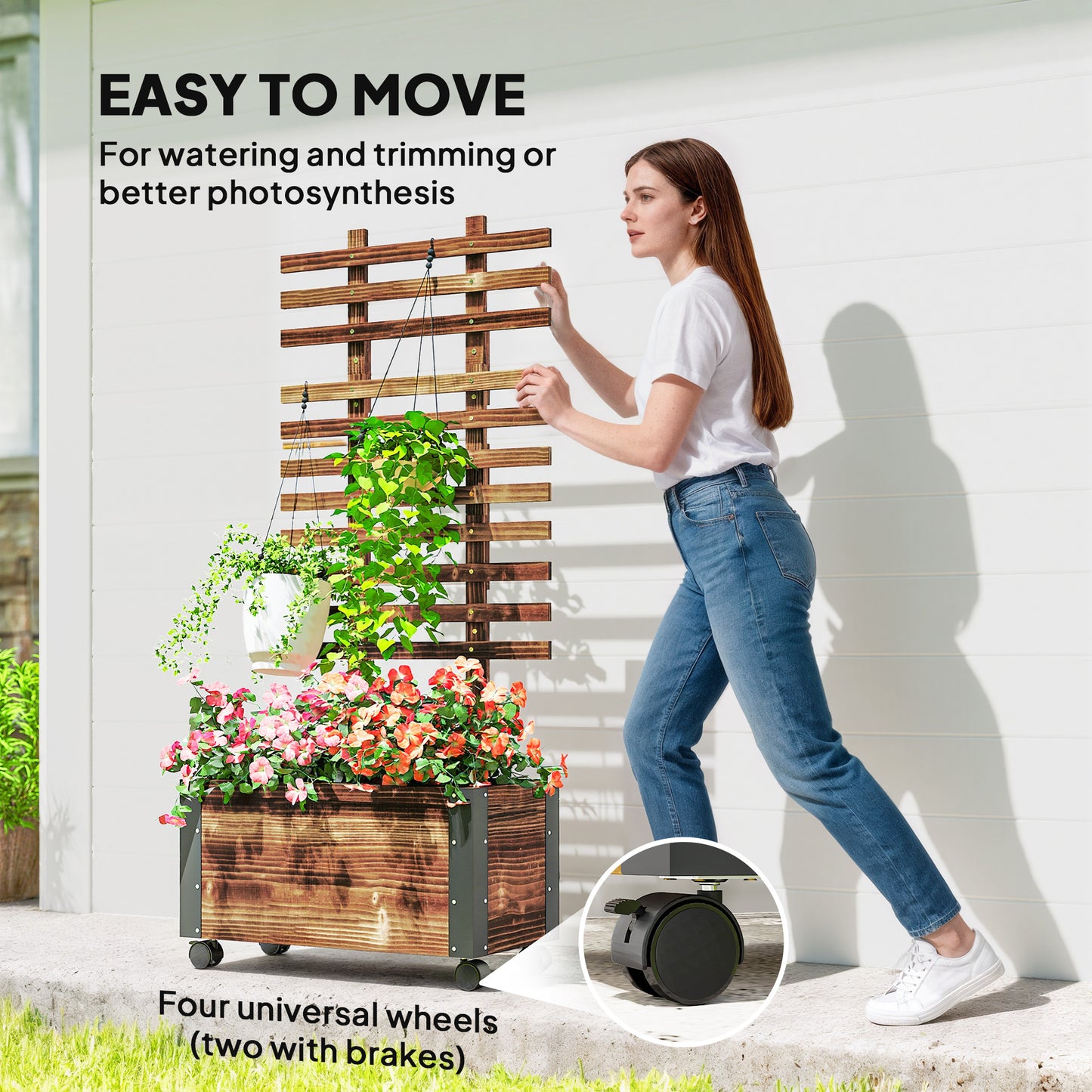 Raised Garden Bed with Trellis, Outdoor Wooden Planter Box with Metal Corners and Wheels, Raised Bed for Garden