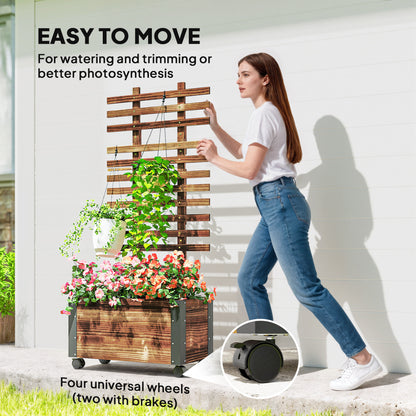 Raised Garden Bed with Trellis, Outdoor Wooden Planter Box with Metal Corners and Wheels, Raised Bed for Garden