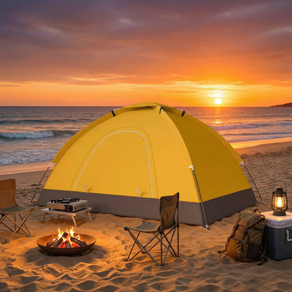 2 Person Camping Tent, Dome Tent with Zipped Doors, Storage Pocket, Portable Handy Bag, Yellow