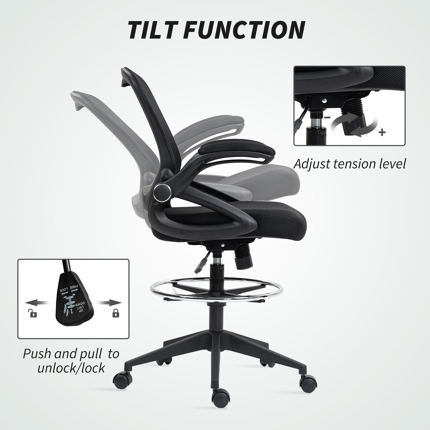 Drafting Chair with Flip-up Armrest, Mesh Office Stool with Foot Ring