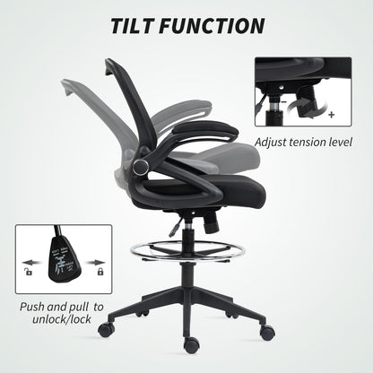 Drafting Chair with Flip-up Armrest, Mesh Office Stool with Foot Ring