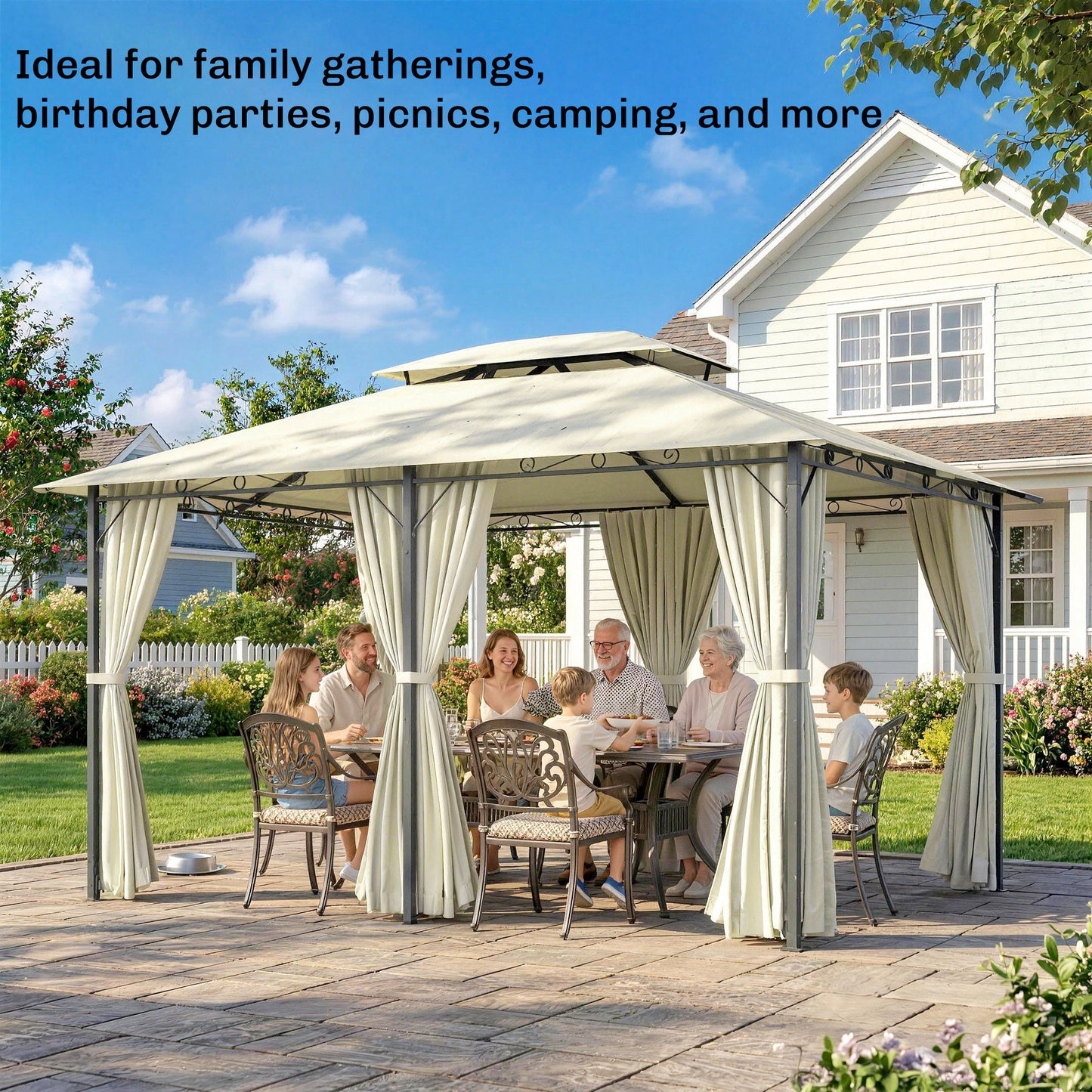 4m x 3(m)Garden Gazebo, Double Roof Outdoor Gazebo Canopy Shelter with Curtains, Solid Steel Frame for Lawn and Deck, Beige