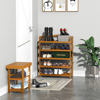 5-Tier Shoe Rack, Acacia Wooden Shoe Storage Organiser with Hangers, Holds up to 19 Pairs, for Entryway, Living Room