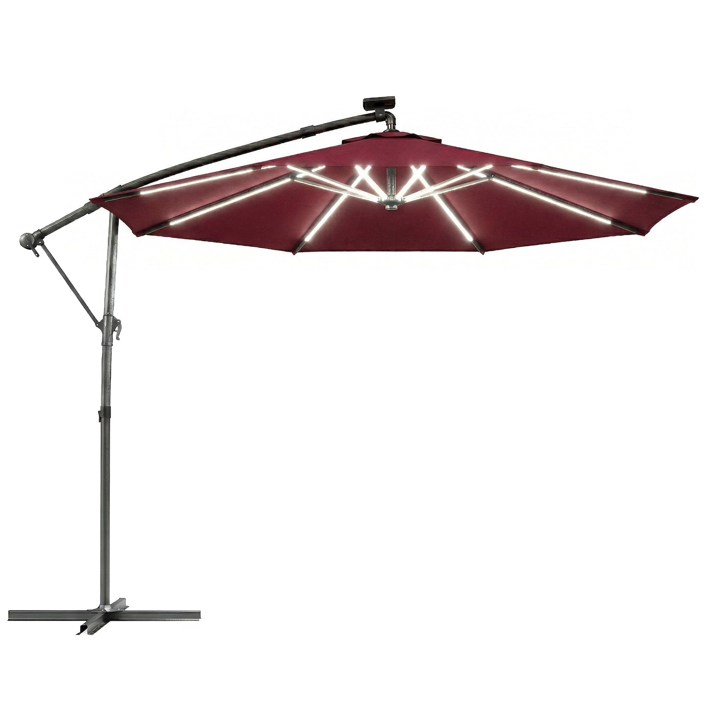 3 m Garden Cantilever Parasol with LED Solar Light, Round Overhanging Umbrella with 360° Rotation, Cover, Wine Red