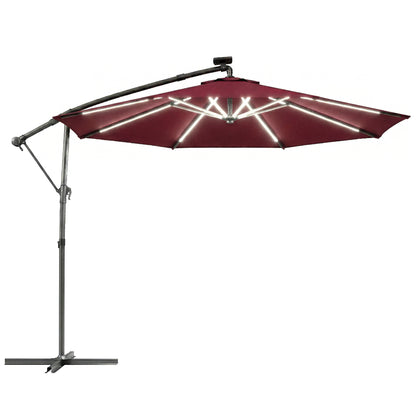 3 m Garden Cantilever Parasol with LED Solar Light, Round Overhanging Umbrella with 360° Rotation, Cover, Wine Red