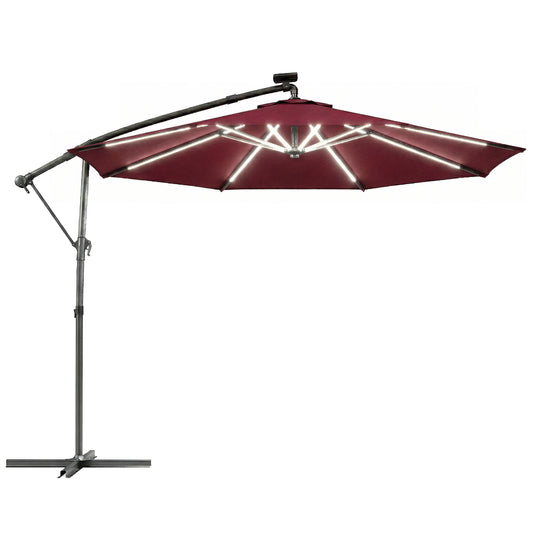 3 m Garden Cantilever Parasol with LED Solar Light, Round Overhanging Umbrella with 360° Rotation, Cover, Wine Red