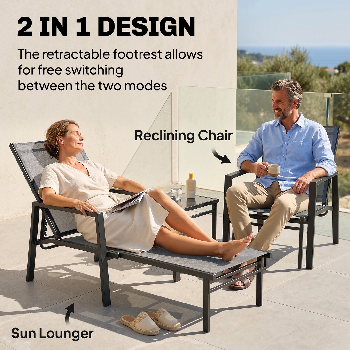 Sun Loungers Set of 2 Retractable Footrest 5-Position Adjustable Steel Frame for Beach, Porch, Patio, Camping, Dark Grey