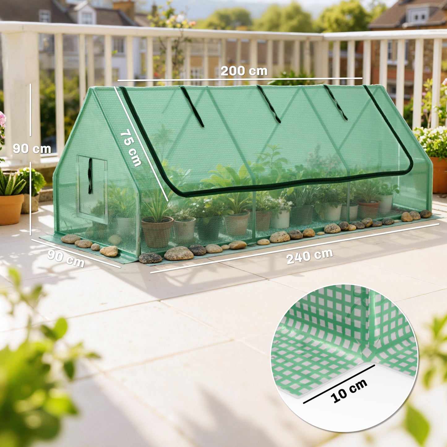 Portable Small Polytunnel, Mini Greenhouse with Mesh Windows for Indoor and Outdoor, 240x90x90cm, Green