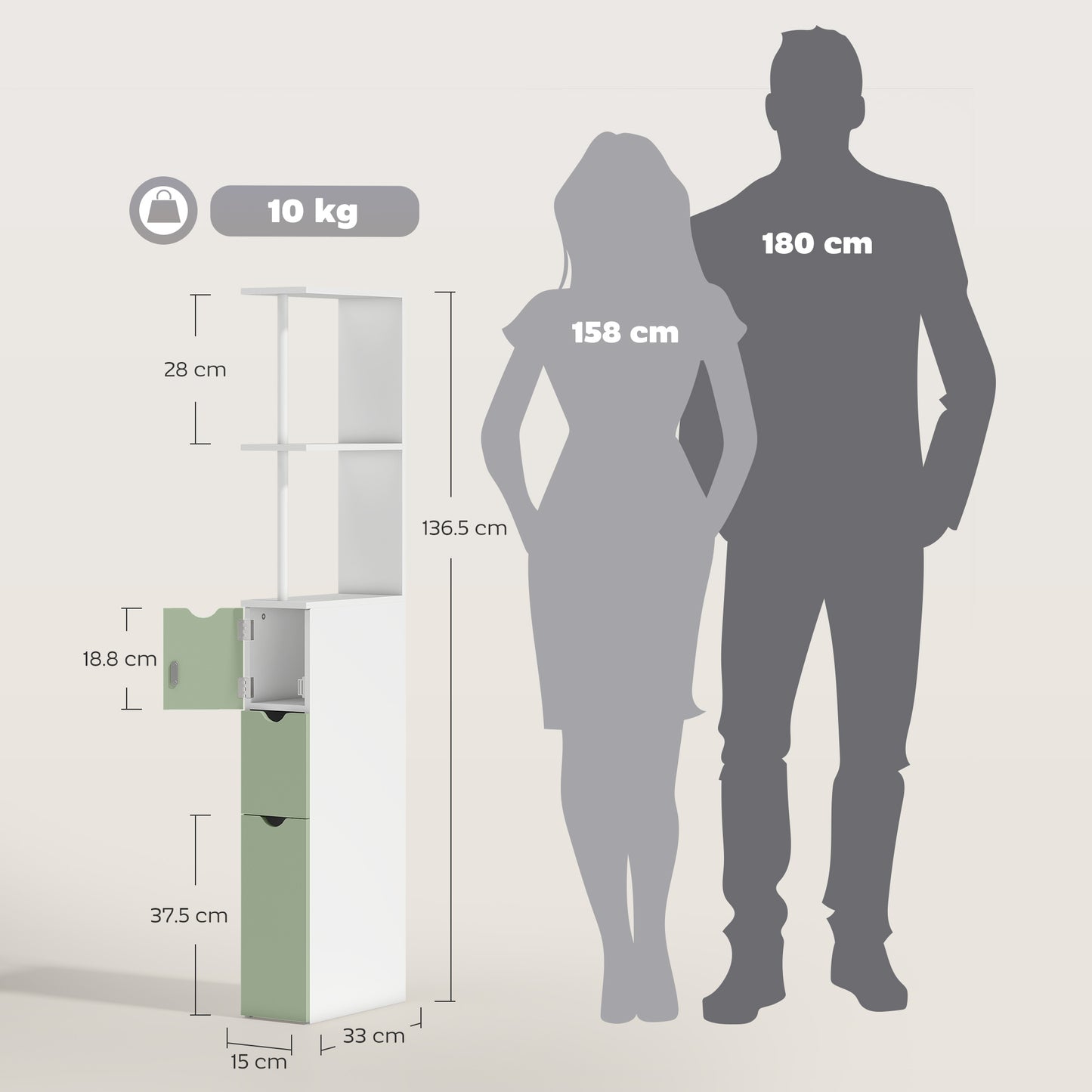Slim Bathroom Storage Cabinet, Tall Bathroom Floor Cabinet with 2-Tier Shelf and 2 Drawers, White and Light Green