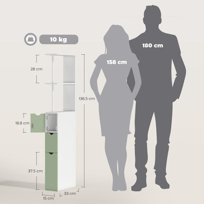Slim Bathroom Storage Cabinet, Tall Bathroom Floor Cabinet with 2-Tier Shelf and 2 Drawers, White and Light Green