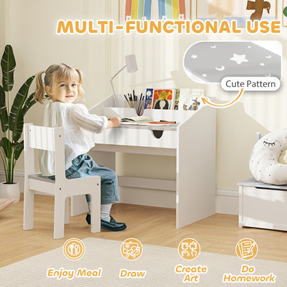 Children Study Table and Chair, Kids Desk and Chair Set with Storage, Pull-Out Drawer, for Ages 3-6 Years, Grey