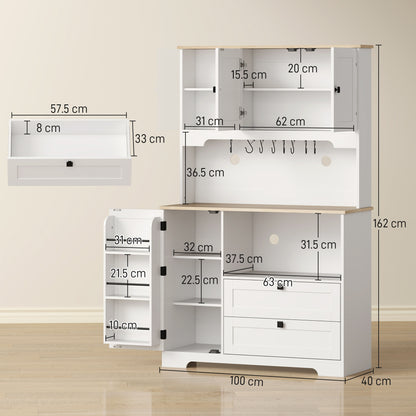Kitchen Cupboard, Freestanding Kitchen Cabinet with 2 Cabinets, 2 Drawers, Open and Adjustable Shelves, White