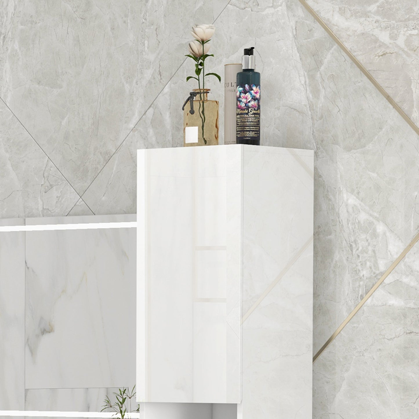 Freestanding Bathroom Cabinet, High Gloss Storage Cabinet with Doors and Adjustable Shelves, 30 x 30 x 181.5 cm, White