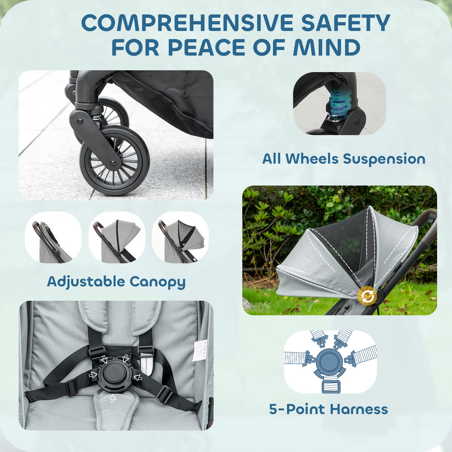 Foldable Baby Stroller with Adjustable Seat, 5-Point Harness, Canopy, Basket, 6.3kg Lightweight & Compact, Light Grey