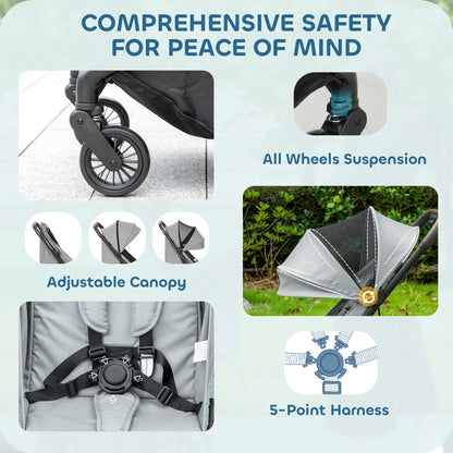 Foldable Baby Stroller with Adjustable Seat, 5-Point Harness, Canopy, Basket, 6.3kg Lightweight & Compact, Light Grey