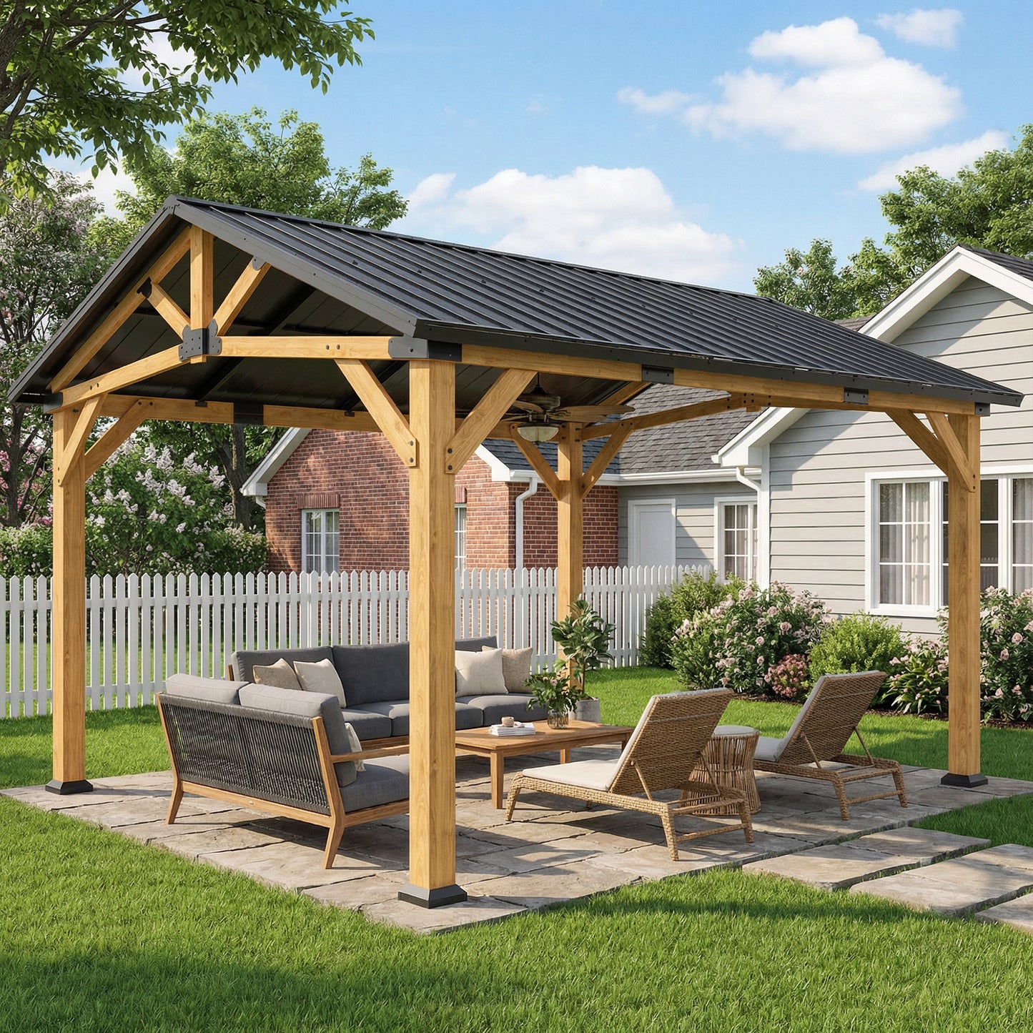 3.5 x 4 m Hardtop Gazebo Canopy with Galvanised Metal Roof, Fir Wood Frame and Hook for Patio, Garden, Black Grey