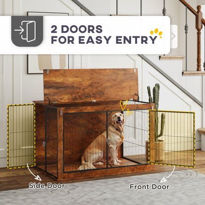 46.46'' Dog Crate Furniture with Openable Top, Two Lockable Doors, for Extra Large Dogs, Rustic Brown