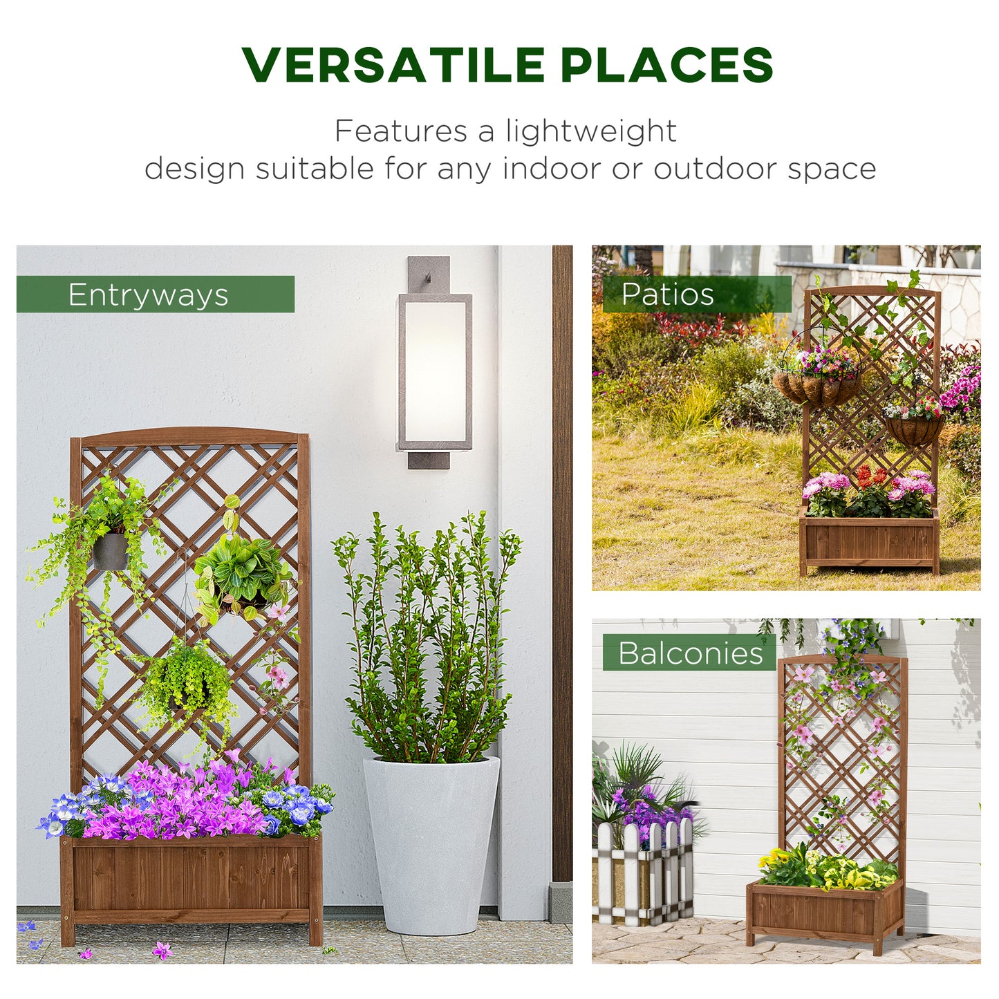 Garden Planter with Trellis, Wooden Raised Bed for Garden with Lattice Trellis for Vegetables, Herbs and Flowers, Brown