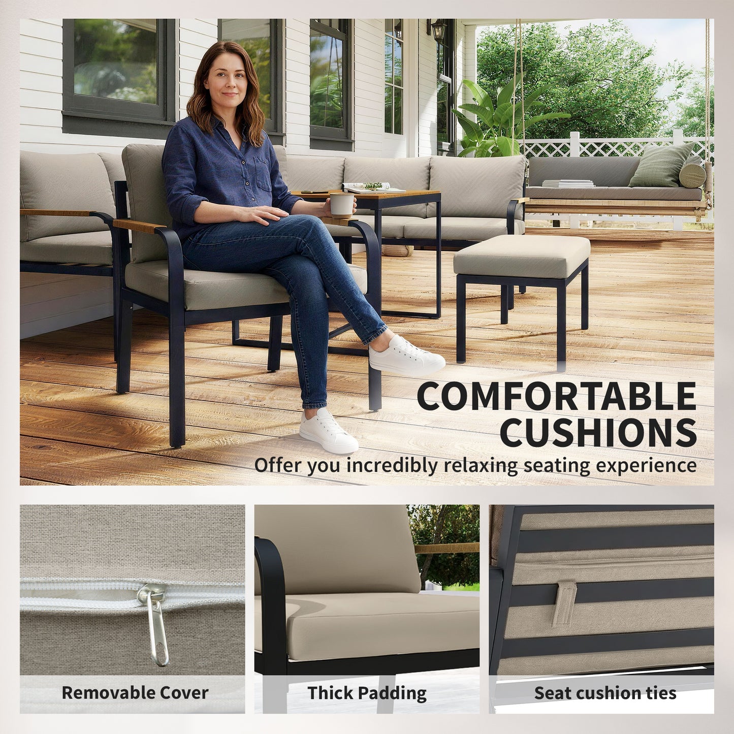 7 Seater Garden Furniture Set, Metal Garden Sofa Set with Cushions, Outdoor Furniture Conversation Sets, Khaki