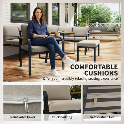 7 Seater Garden Furniture Set, Metal Garden Sofa Set with Cushions, Outdoor Furniture Conversation Sets, Khaki
