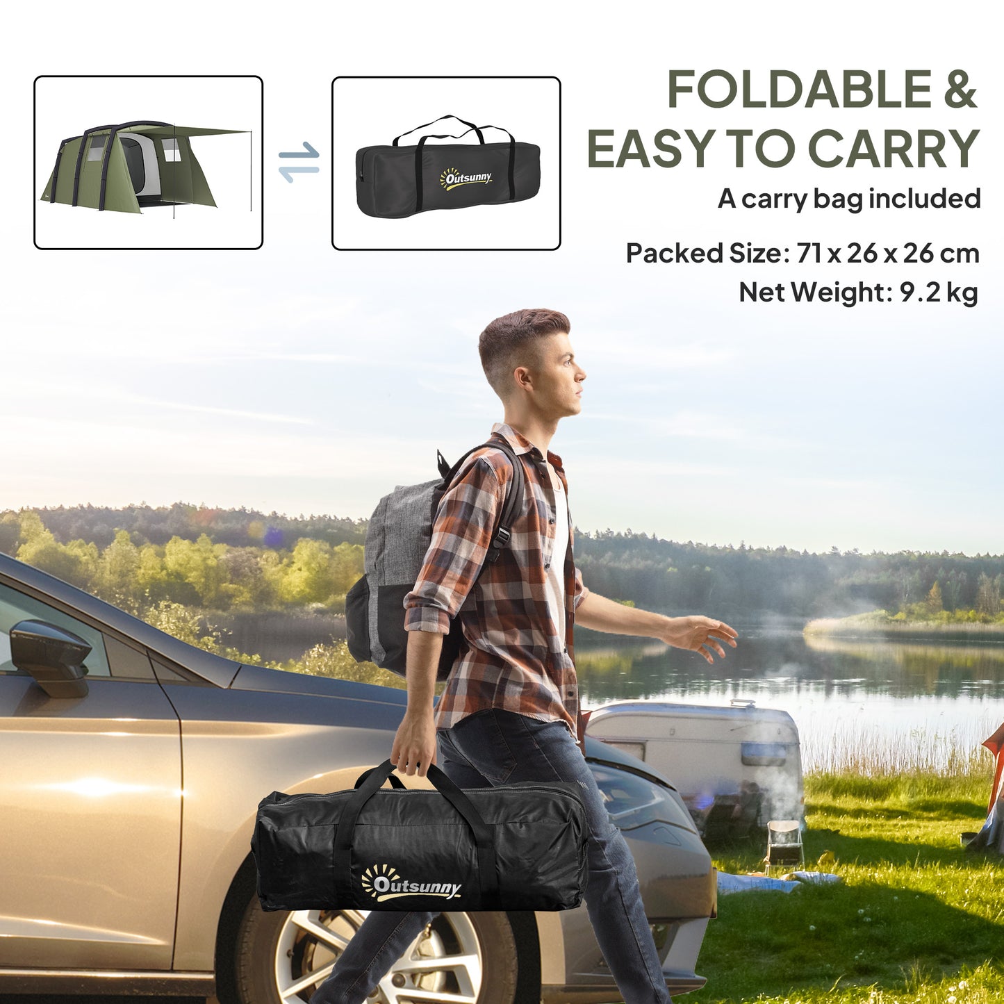 Inflatable 3-4 Man Tunnel Tent w/ Air Pump, Living Area & Vestibule, Waterproof Family Camping Air Tent, Sewn In Groundsheet