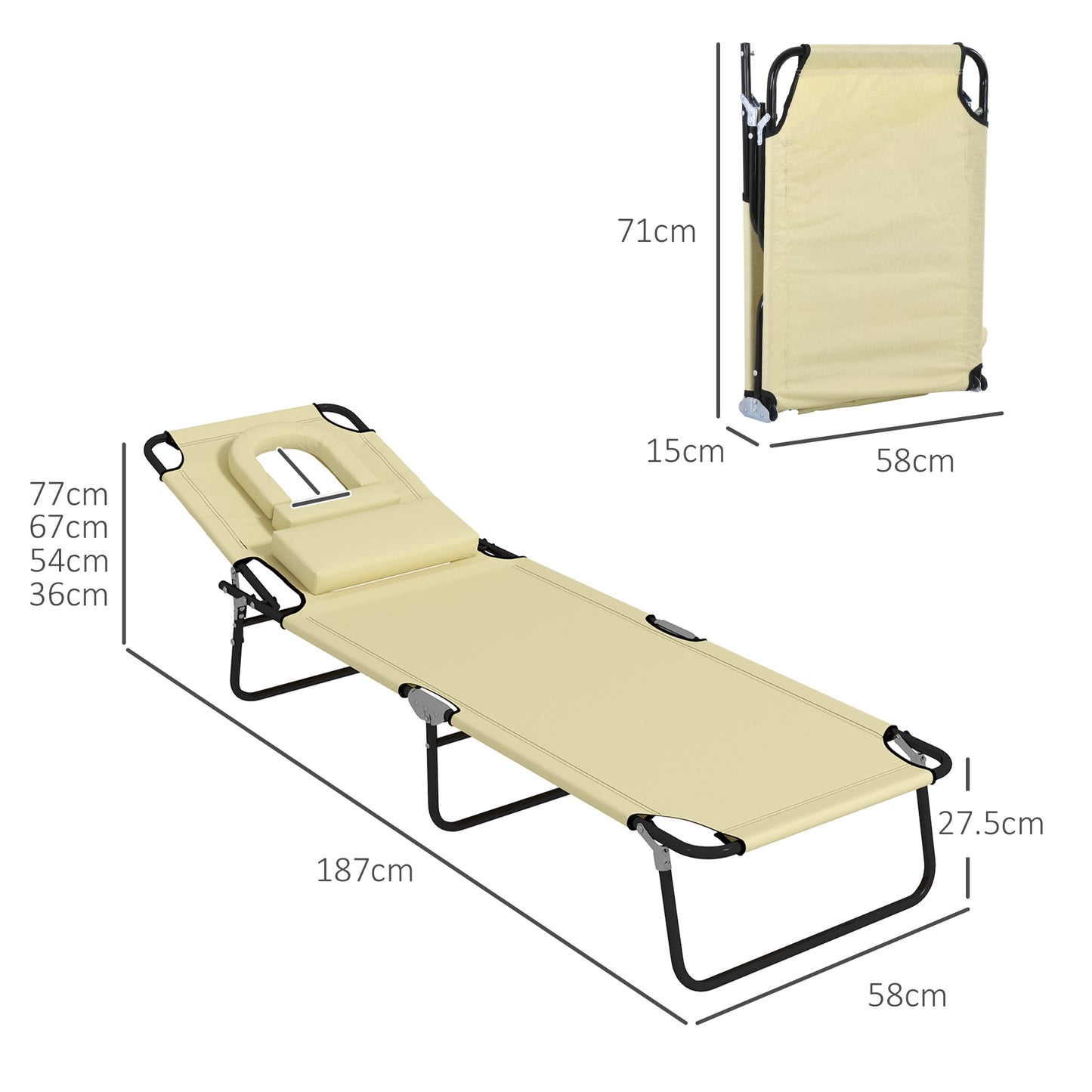 Folding Sun Loungers Set of 2 with Face Hole, 4-Position Adjustable Backrest Garden Recliner Chair Sunbed