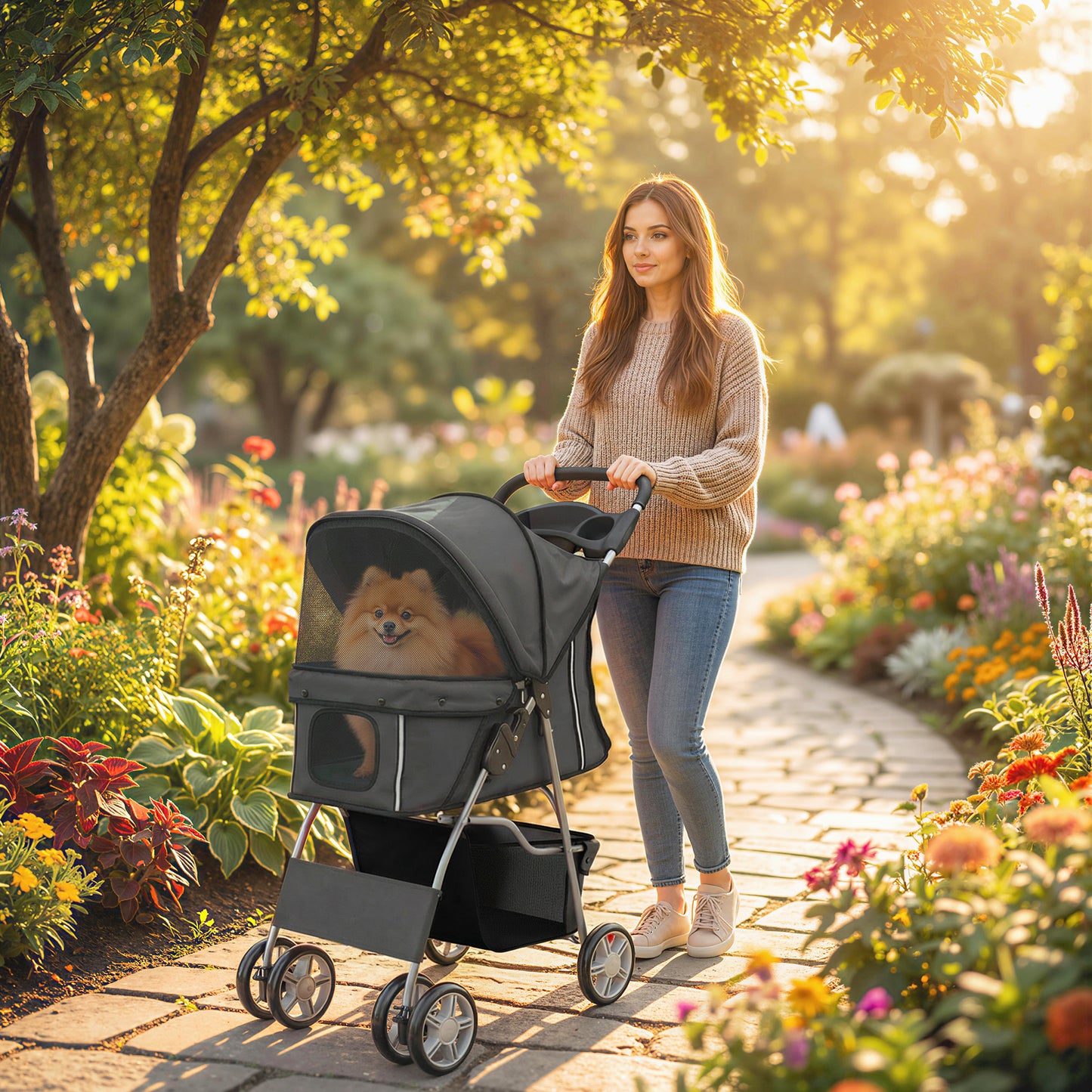 Dog Pram, Pet Stroller with Reflective Strips, Foldable Cat Stroller with 360° Swivel Wheels, Dark Grey