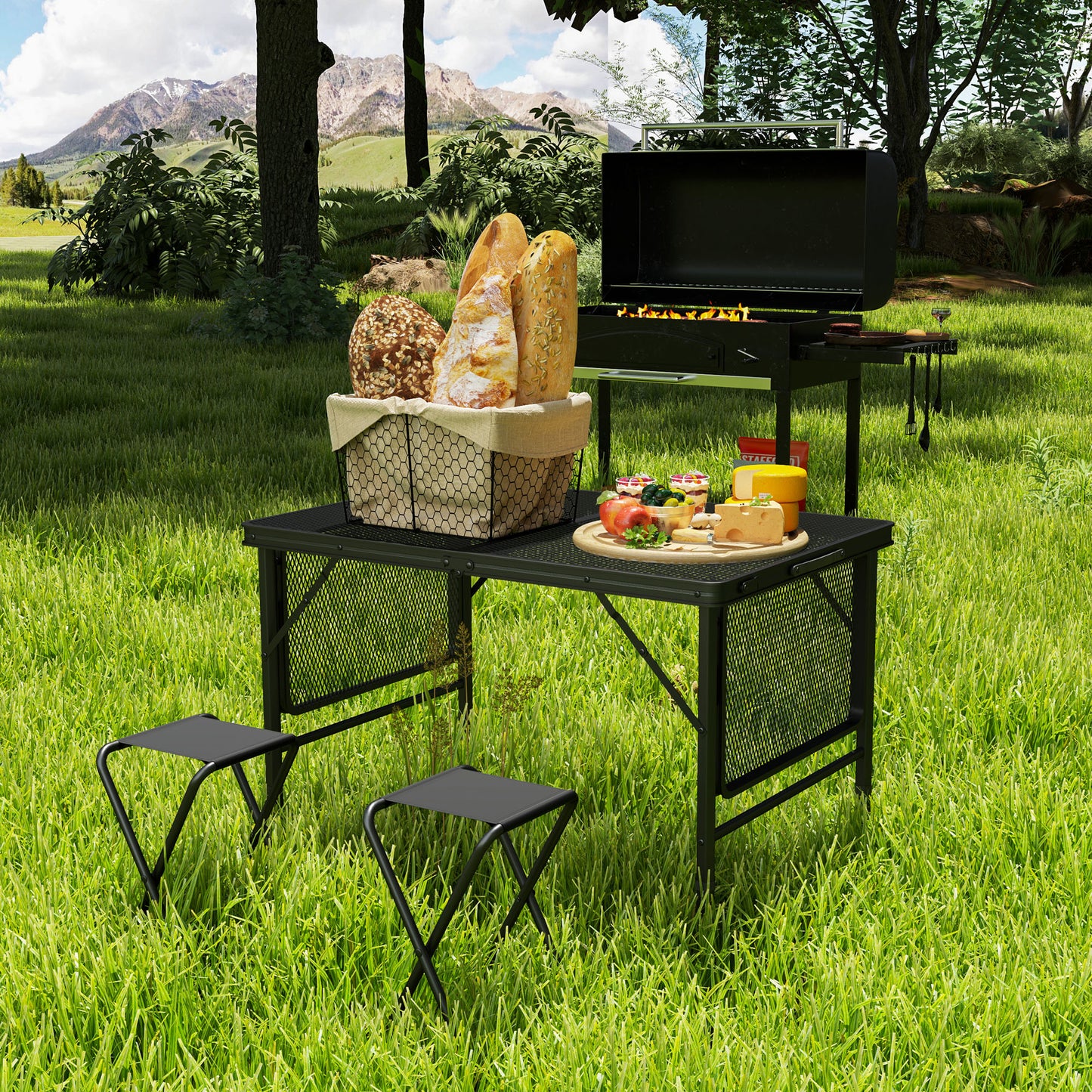 Folding Grill Table, 4.5ft Portable Camping Table with 2 Wing Panels, Height Adjustable Metal Picnic Table for Camping