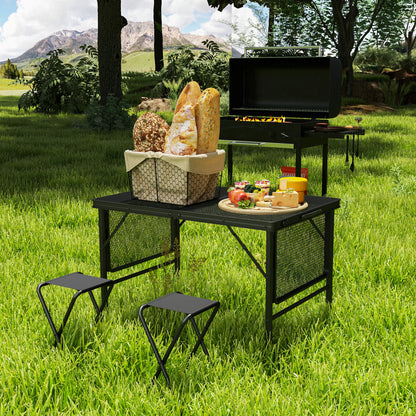 Folding Grill Table, 4.5ft Portable Camping Table with 2 Wing Panels, Height Adjustable Metal Picnic Table for Camping