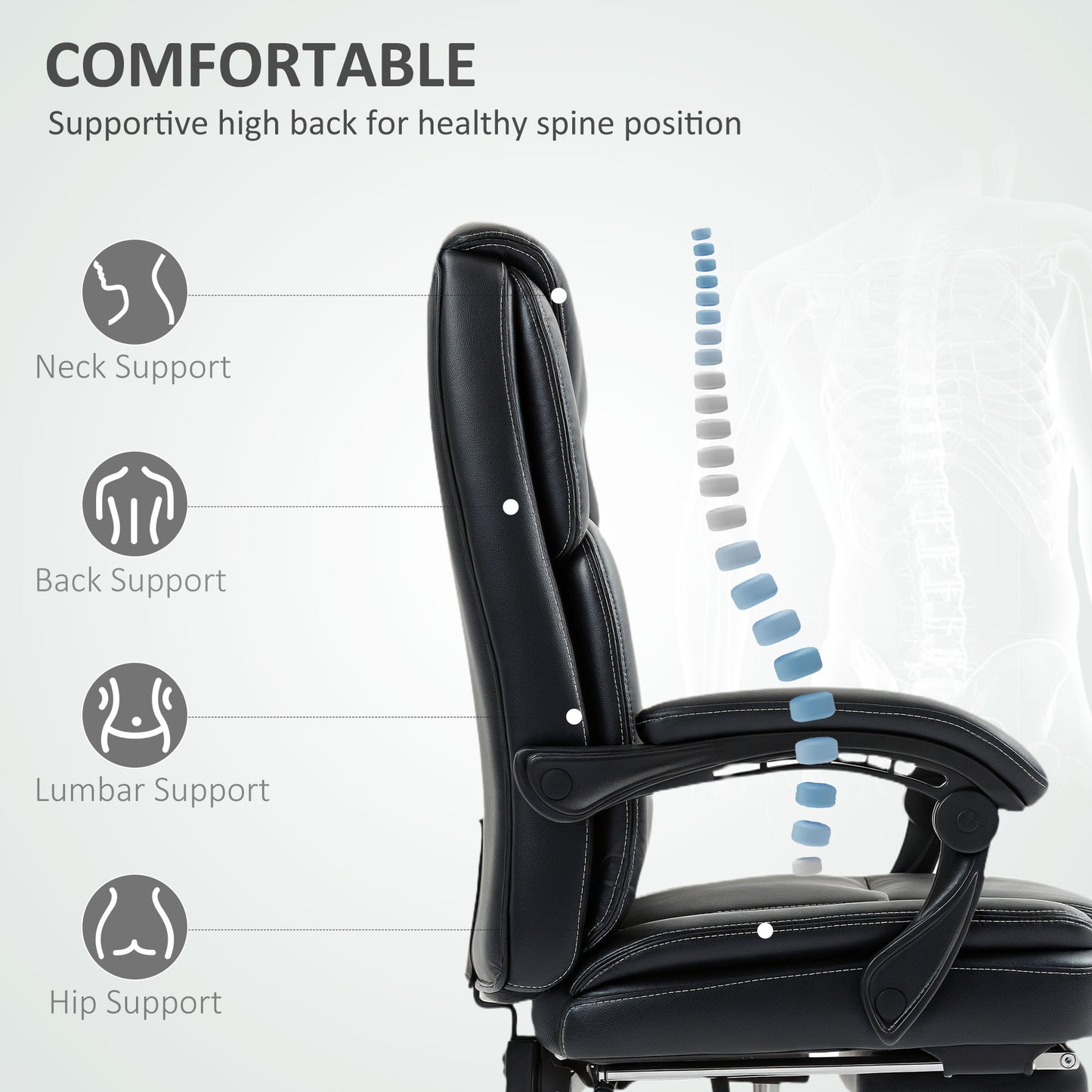 Faux Leather Reclining Office Chair, with Footrest - Black