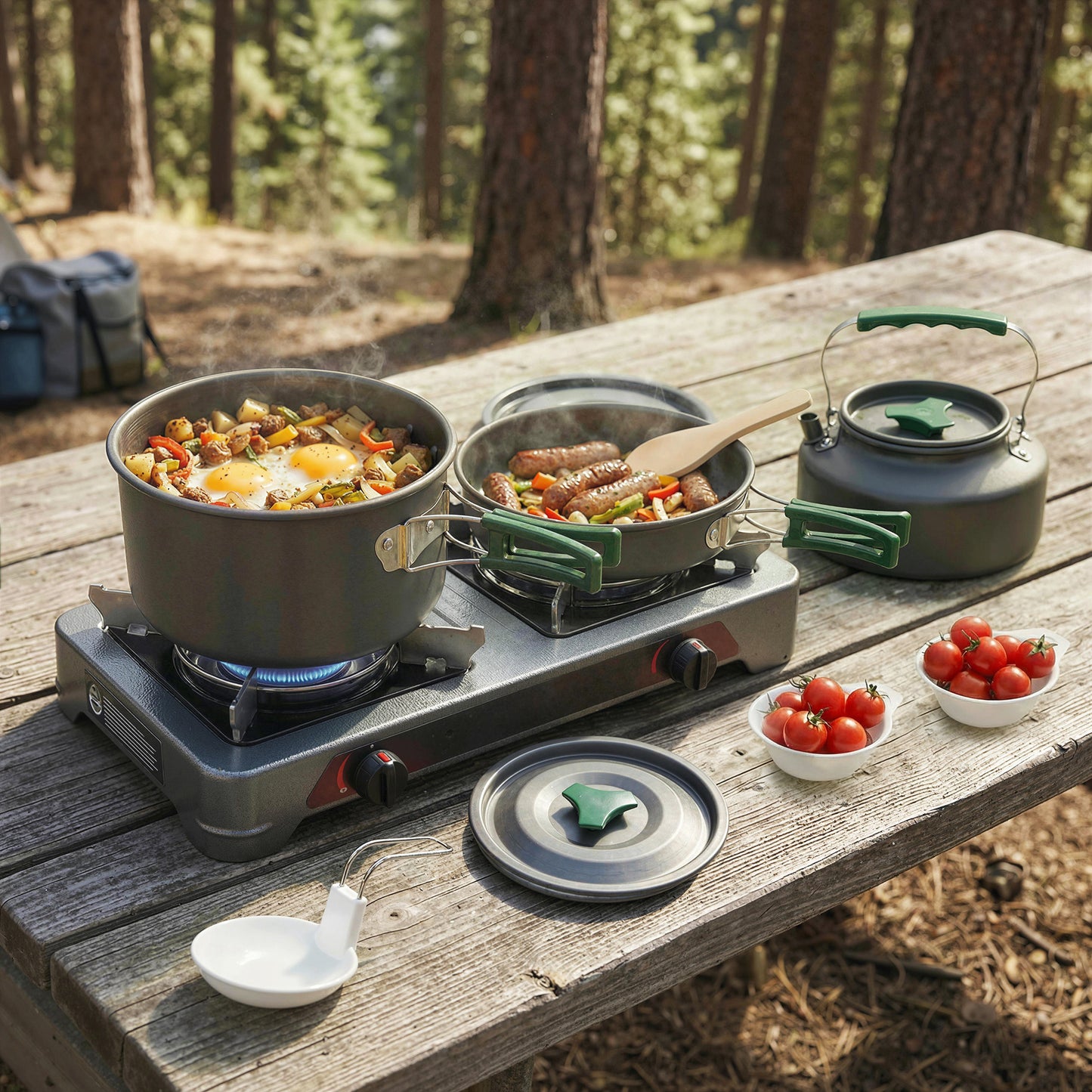 Camping Cookware Set for 2-3 People, Ultralight Aluminium Camping Cooking Kit with Anti-Scald Handles, Grey