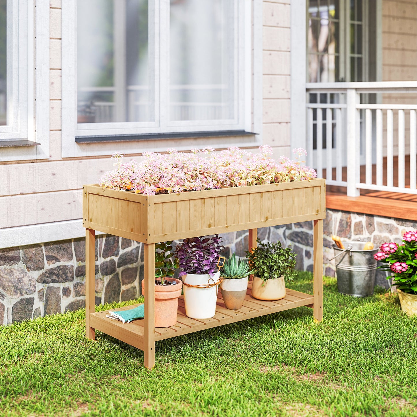 Garden Wooden Planters, Rectangular 8 Compartment Plant Stand, Oak Tone