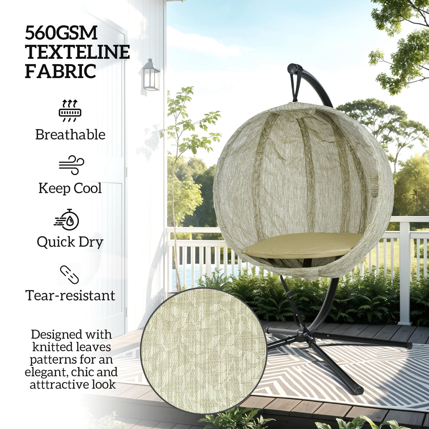 Hanging Egg Chair Outdoor Indoor Garden Swing Chair with Folding Basket, Thickened Cushion, Cup Holder for Patio, Balcony
