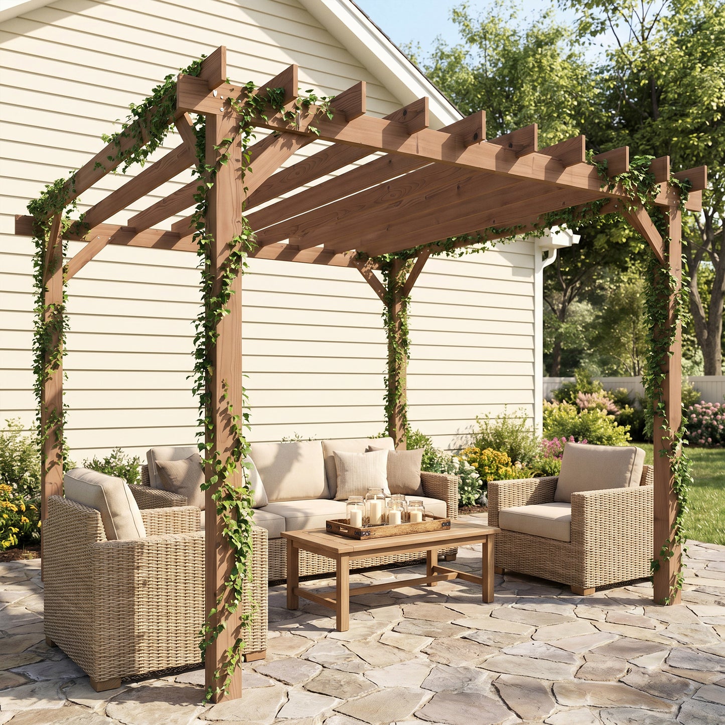 3 x 3 m Wooden Pergola Kit, Garden Pergola Gazebo Grape Trellis with Triangle Supports, Maple Wood-effect
