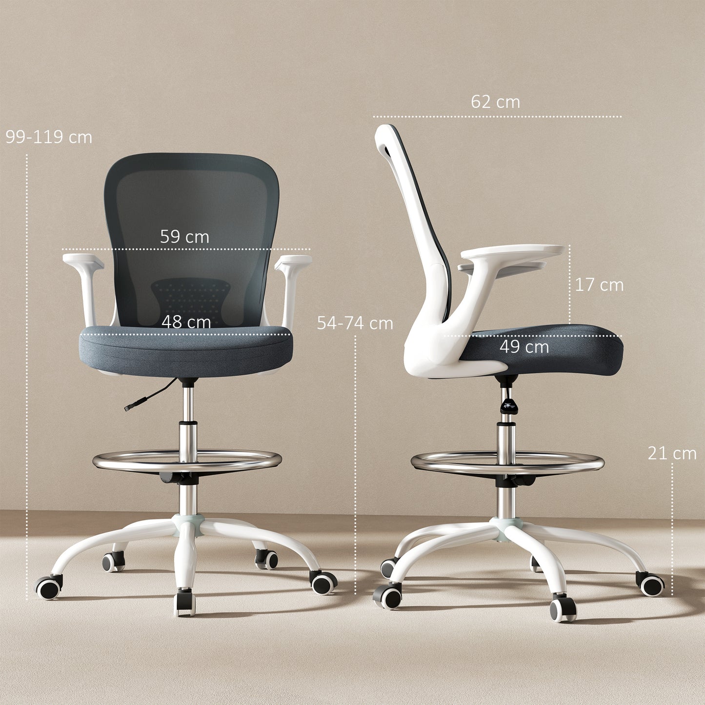 99-119 cm Draughtsman Chair, with Adjustable Footrest - Grey