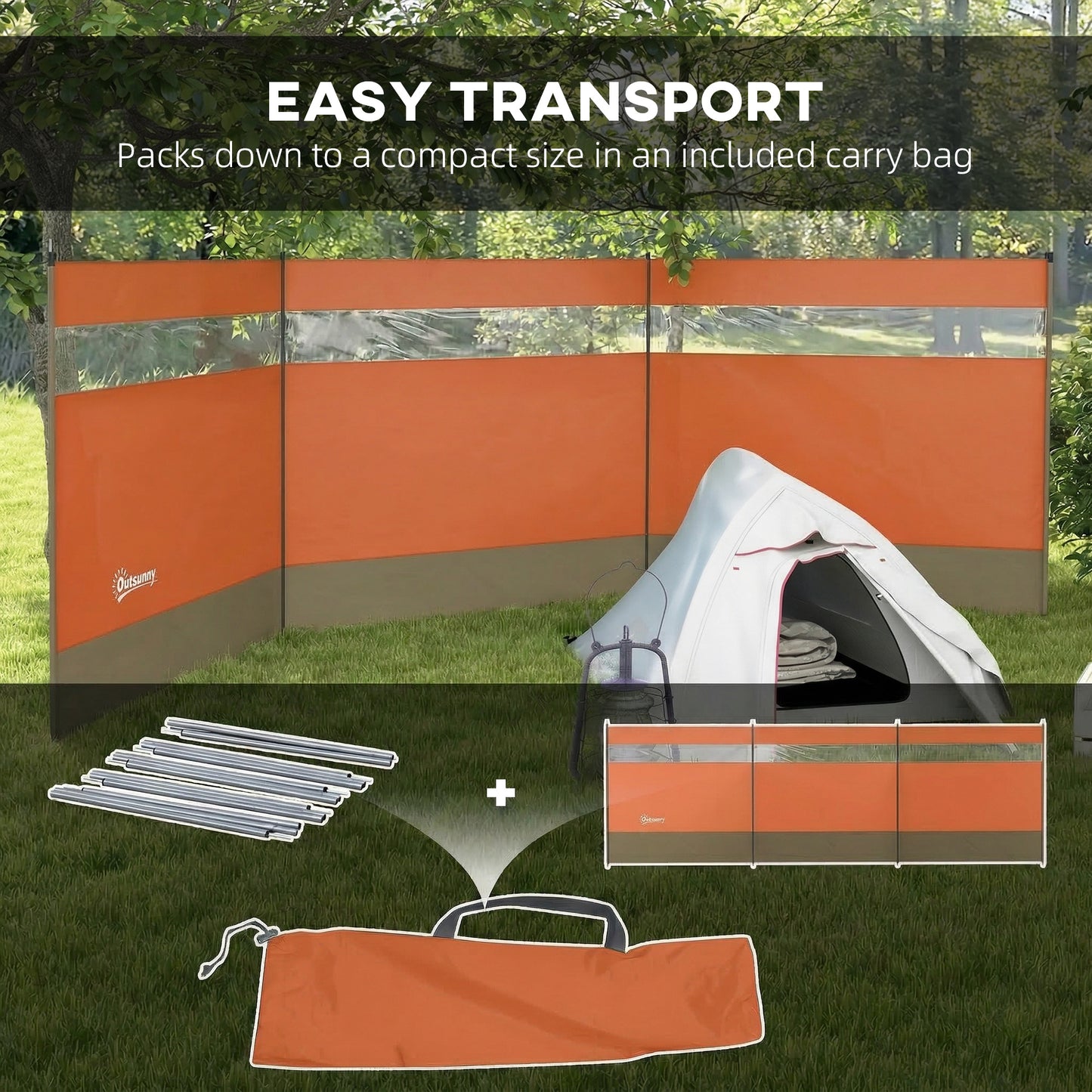 Camping Windbreaker with Clear Windows, Carry Bag and Steel Poles, for Beach Caravan Campervan, 440 x 140cm, Orange